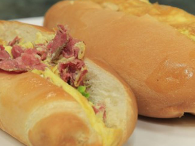 French Eggs with Pastrami and Mix Cheese Sandwich