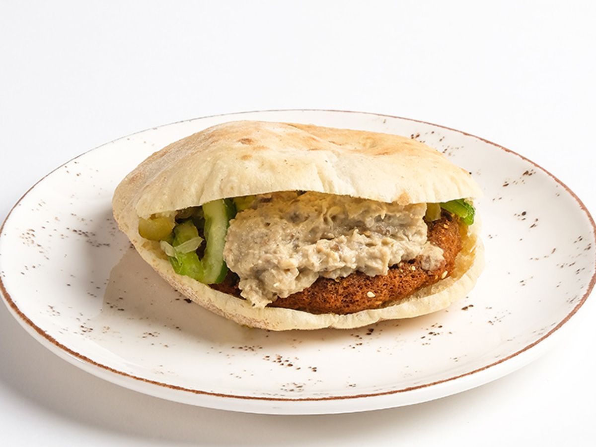 Falafel sandwich stuffed with Baba Ghannouj