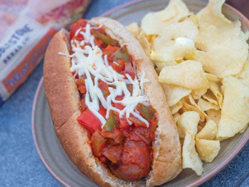Grilled sausage with cheese sandwich