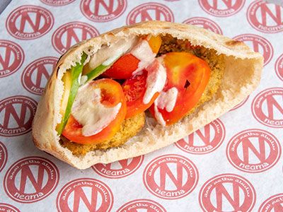 Falafel sandwich with baba ghannoug