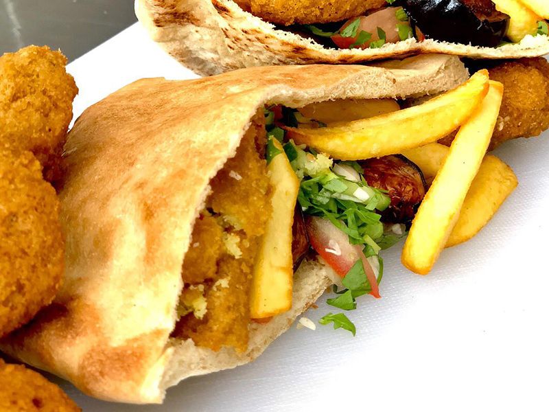 Falafel With French Fries And Eggplant Sandwich