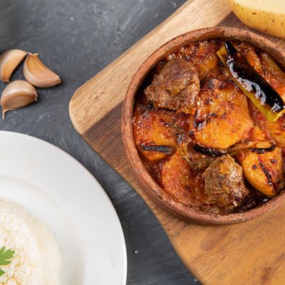 Vegetable casserole with baladi meat + rice