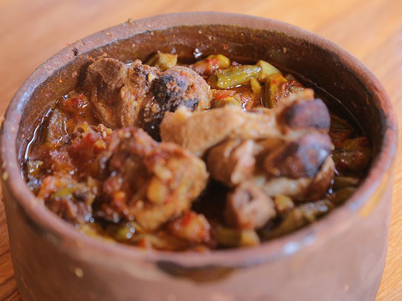 Okra With Meat Pottery Casserole