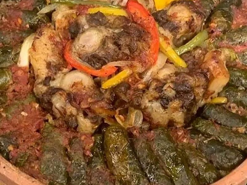 Stuffed grape leaves tagine with oxtail