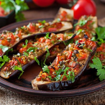 Pickled fried eggplant dish with Dukkah