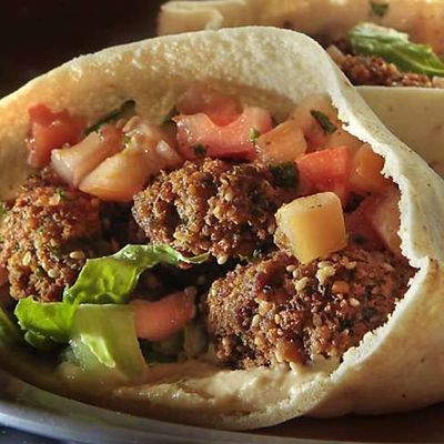 Falafel sandwich, Ali Baba eggplant dip