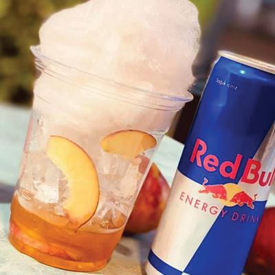 Red bull apple and peach pieces