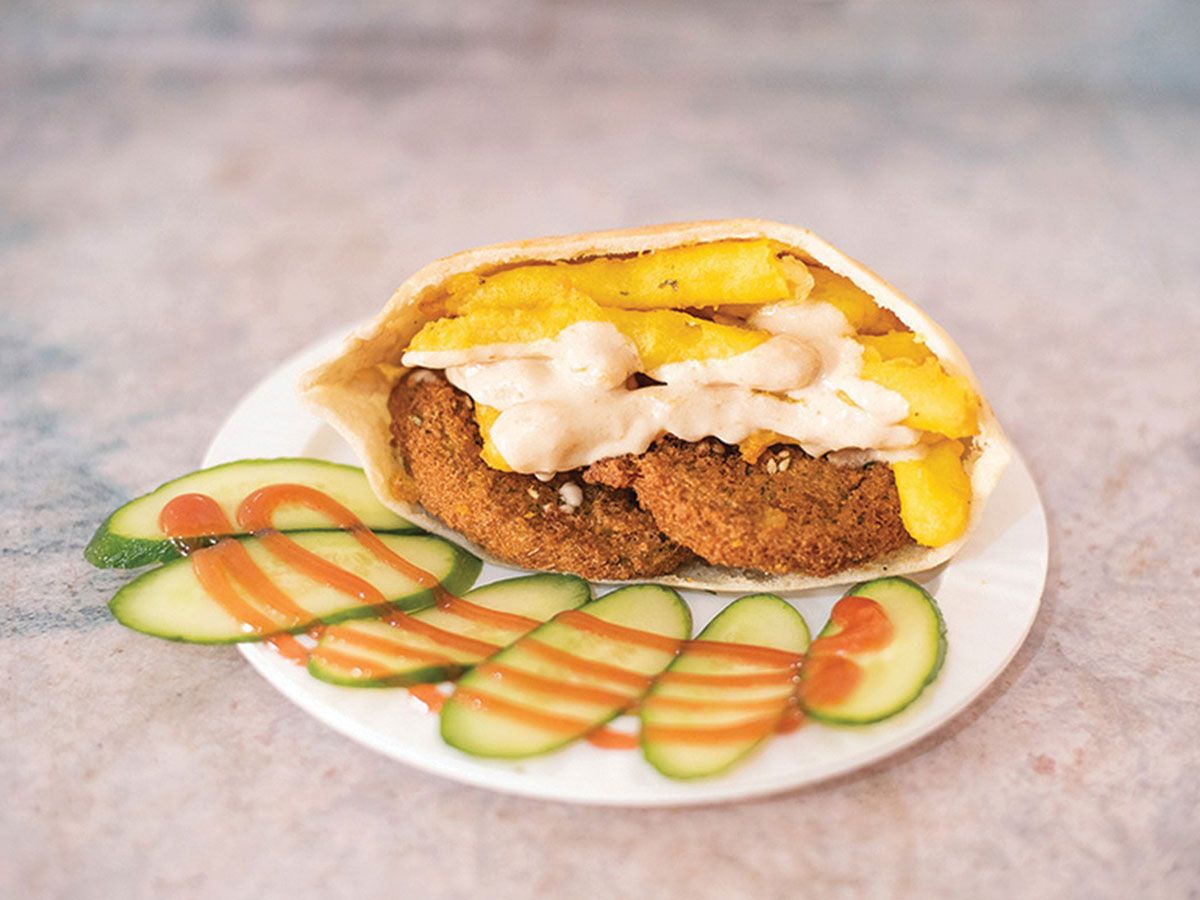 Falafel potato eggplant sandwich