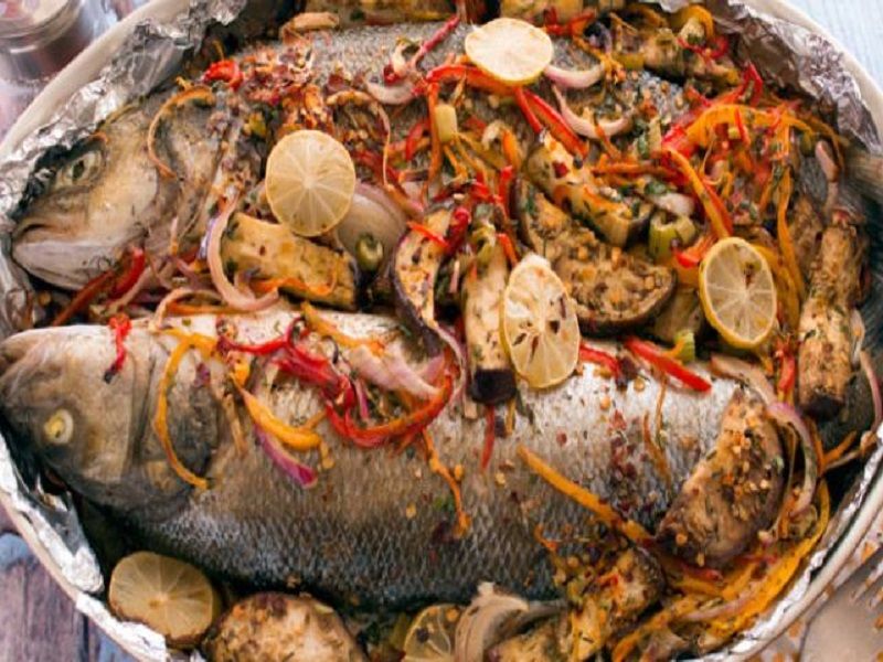 Sea Bass Fish With Potatoes And Fruits Meal For 3 Persons