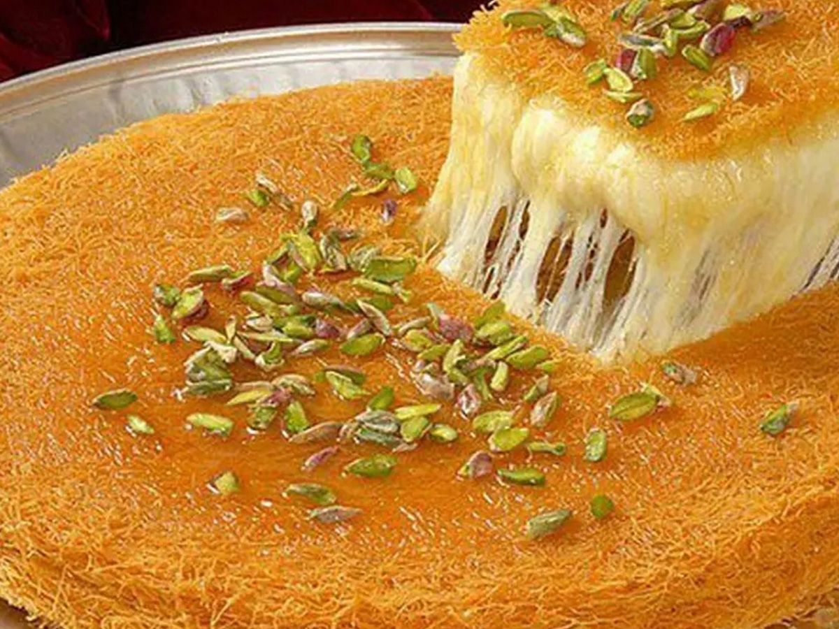 Kunafa with cheese and Aleppo pistachios in the oven