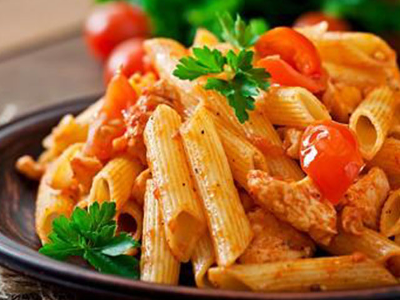 2 Chicken Pane Pieces Pasta with Red Sauce Rounded Platter