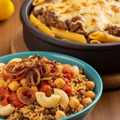 Mix Koshary with Meat Casserole