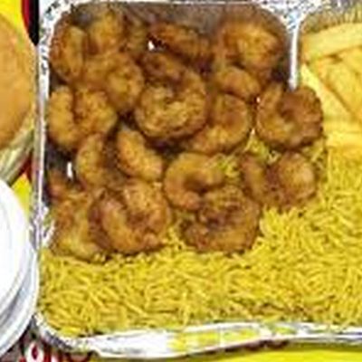 Shrimp meal, rice, salad and bread