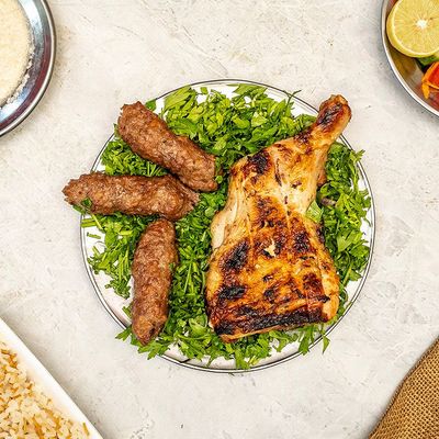 Quarter of a chicken , 1/8 lamb kofta , rice