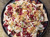 Lebanese fatteh with lamb meat and pine nut