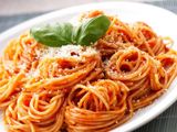 Tomato Sauce Pasta With Basil and Olives Oil Pan